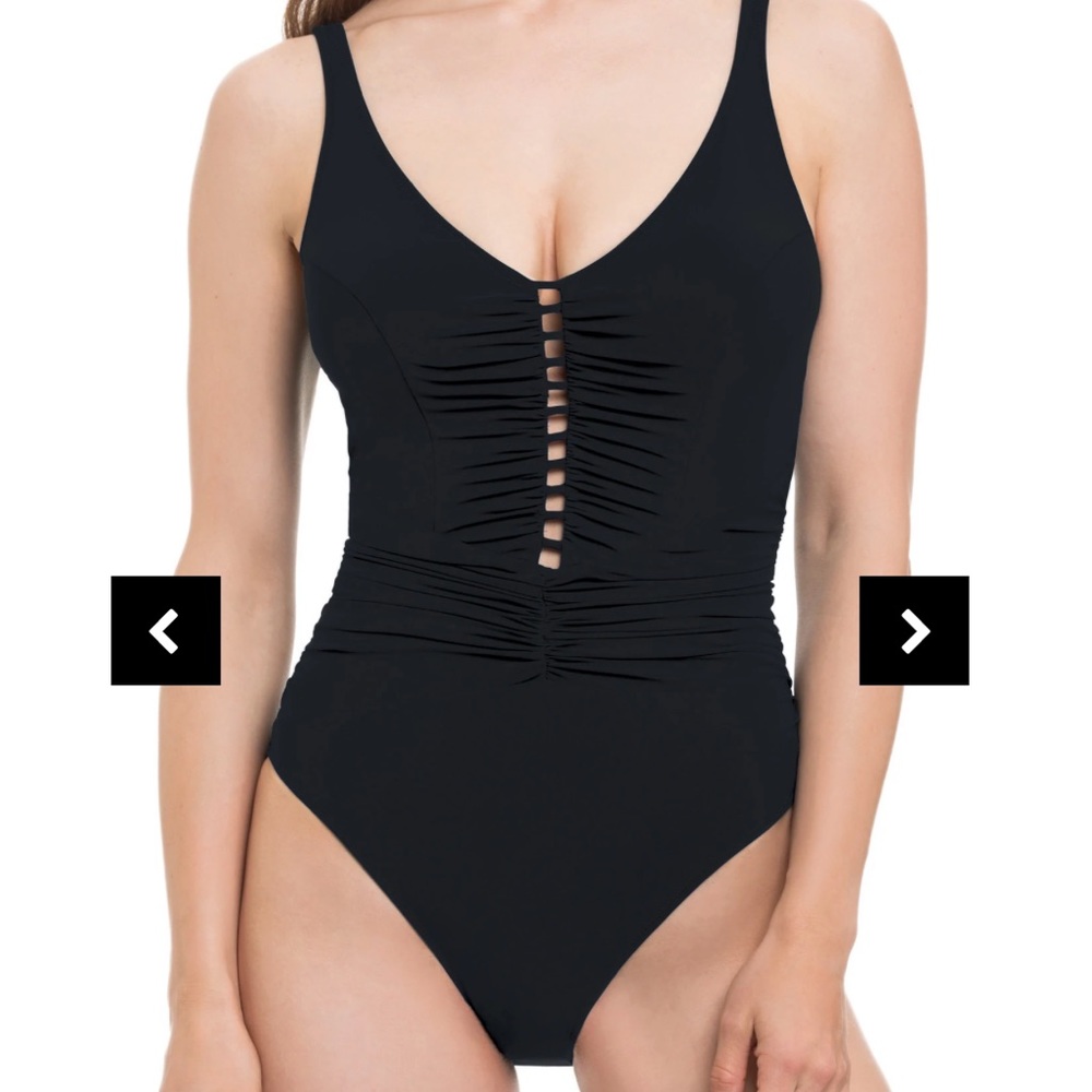 Profile by Gottex Black Tutti Frutti one piece v-neck cut-out swimsuit size 14